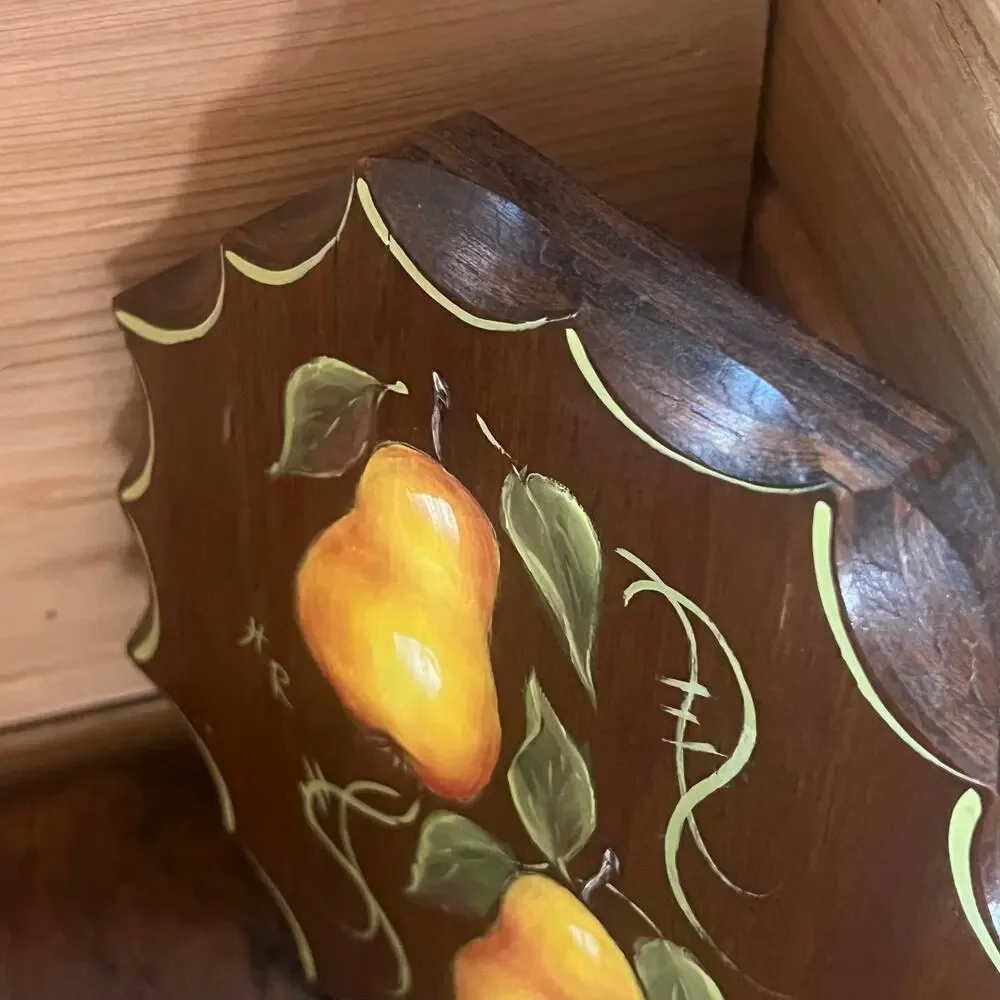 Vintage 70s Hand Painted Pear Wall Plaque Folk Art Signed Texas Kitchen Decor